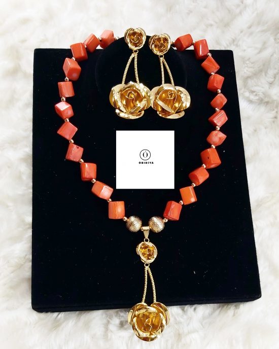 Cube coral with gold matchimg earrings and pendant