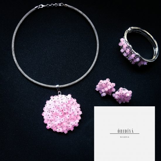 Silver with pink crystal clustered choker jewellery set