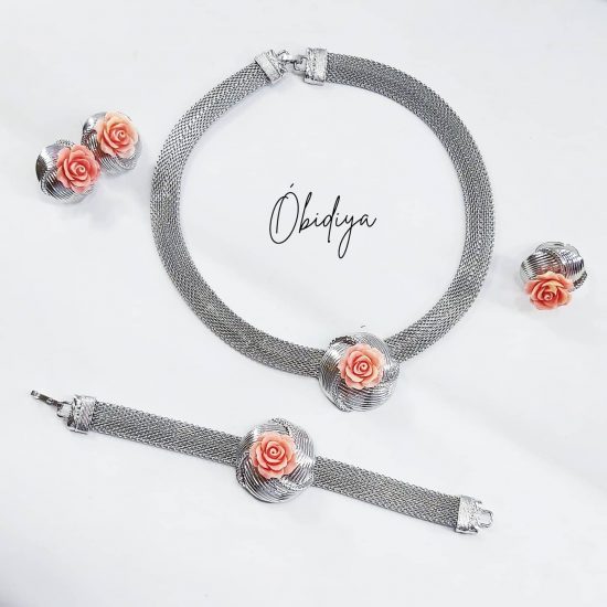 Silver steel with rose pink coral florets 4piece set