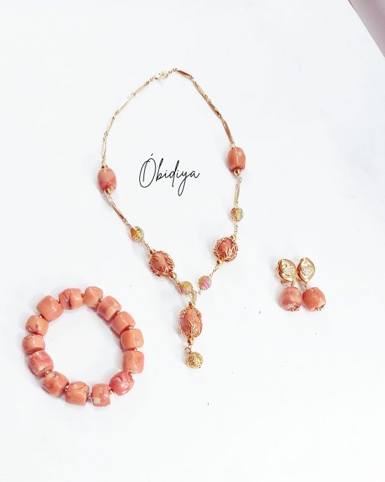 Pink corals with gold wired jewellery set
