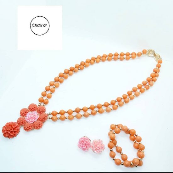 Double strand angel skin coral with florets jewellery set