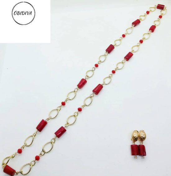 Long red coral 2piece jewellery set