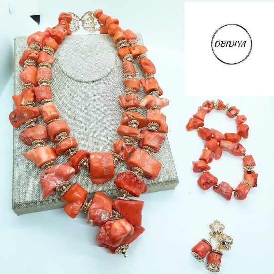 Double strand bamboo coral with gold jewellery set