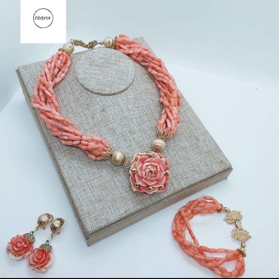 Orange tiny tube coral twist jewellery set