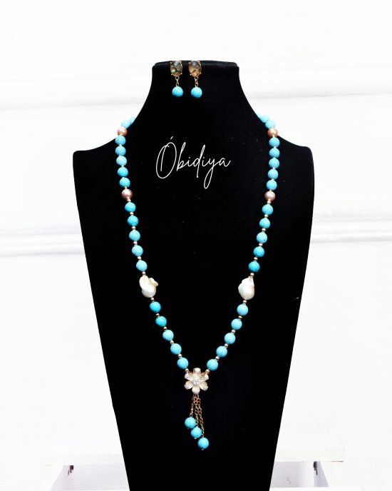 Long turquoise with baroque pearls 2piece jewellery set