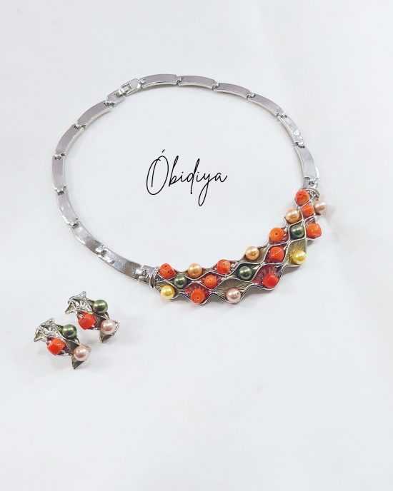 Mixed shell pearl with coral silver steel 2peice jewelry set