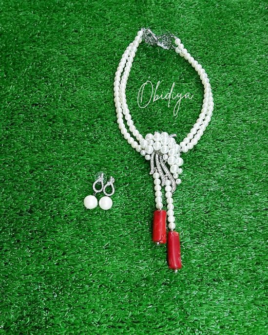 2piece white shell pearl with red corals and brooch