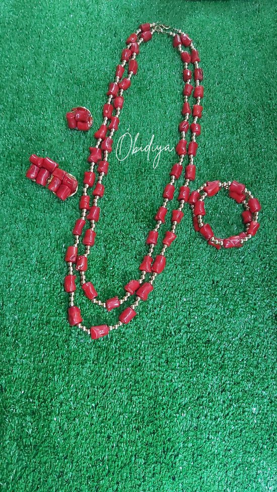 Double strand small tiny red drum coral with gold jewelry set