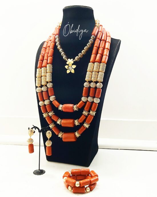 3 long strands waxed coral with inner necklace