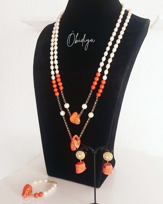 2 strands pearl with bamboo coral jewelry set